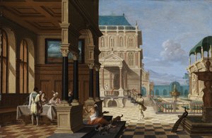 فناء القصر مع لوجيا وأرقام بواسطة نيكولايس دي جيزيلر